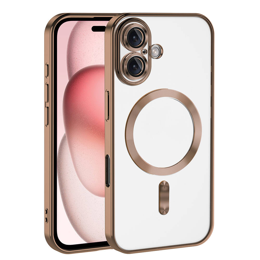 Altın çerçeveli şeffaf bir telefon kılıfı bir telefonun üzerinde. Kılıfın bir halkası ve daha küçük bir dikdörtgeni var. Telefonun pembe bir ekranı var.