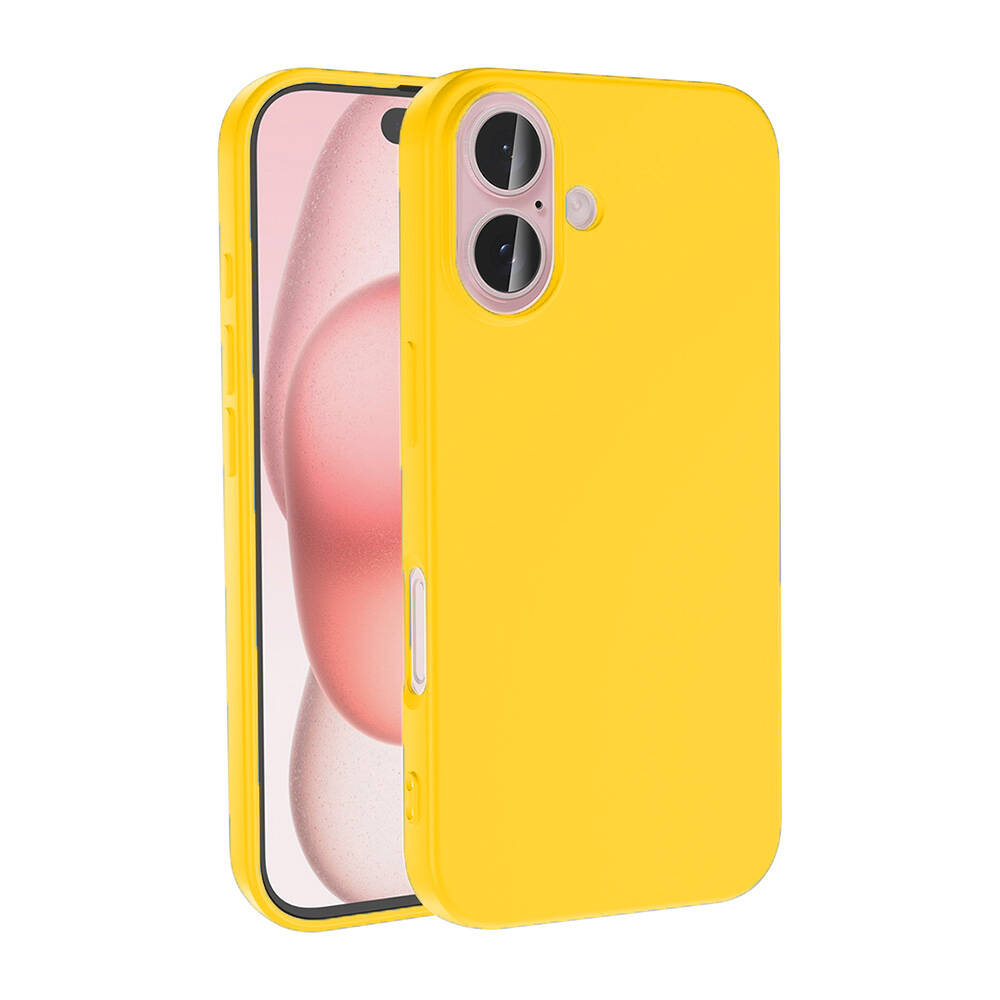 İçinde bir telefon bulunan sarı bir telefon kılıfı gösteriliyor. Kılıfın kamera boşluğu ve düğmeleri var. Ekran pembe bir görüntü gösteriyor.