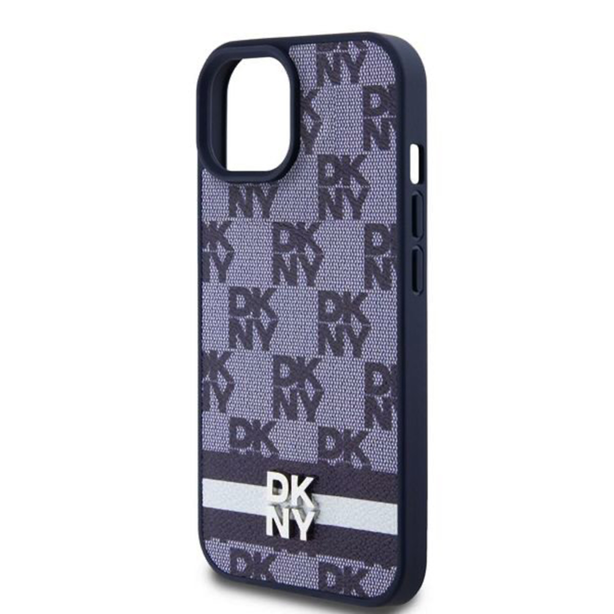 Una custodia blu per telefono con un motivo di loghi DKNY. Una striscia bianca e il logo DKNY in basso.