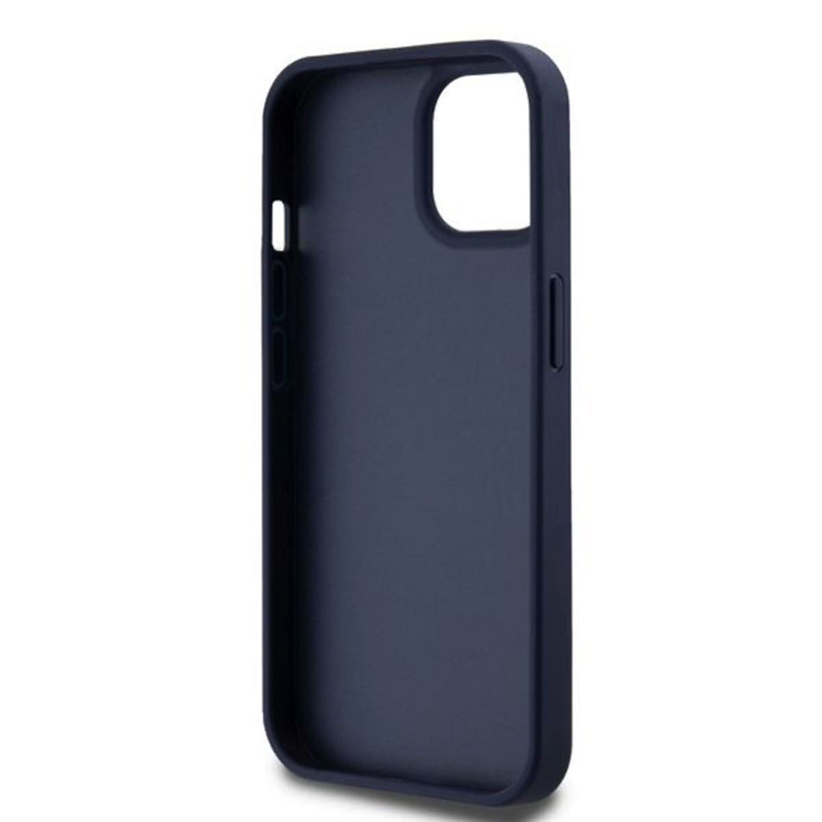 Una custodia blu navy per telefono. Ha aperture per la fotocamera e i pulsanti laterali. Lo sfondo è bianco.