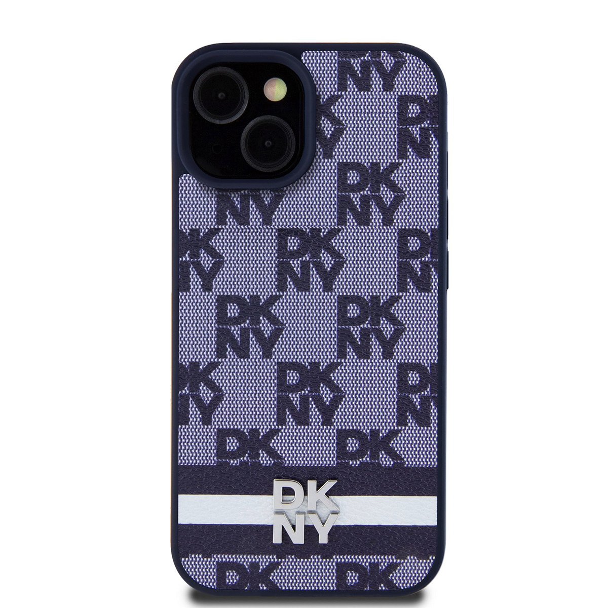 Una custodia per telefono DKNY, blu navy con una striscia bianca, con il logo DKNY NY. La custodia ha un modulo fotocamera.