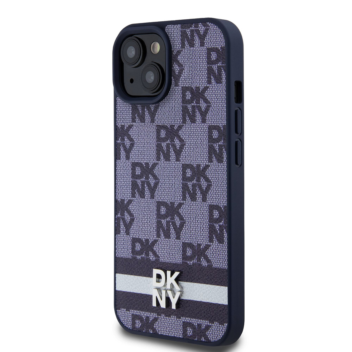 Una custodia per telefono con logo DKNY. È blu scuro con lettere DKNY stampate. Sono visibili dettagli bianchi e argentati.