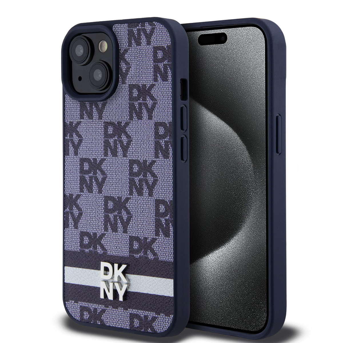 Una custodia per telefono blu navy con motivo DKNY e un telefono. La custodia ha una striscia bianca e il logo DKNY argentato.
