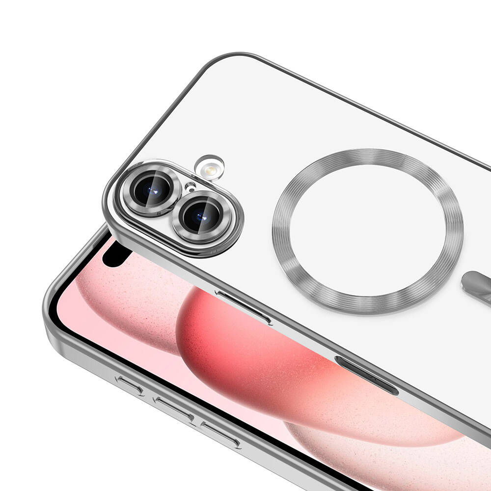 Kamera çıkıntısı, MagSafe halkası ve pembe ekranlı telefon bulunan şeffaf telefon kılıfı.