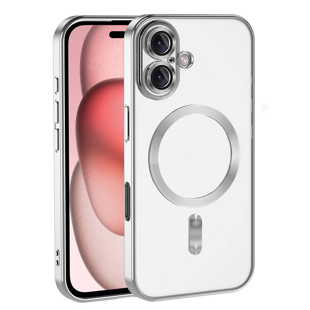 Gümüş çerçeveli şeffaf bir telefon kılıfı. Kılıf, pembe ve beyaz bir arka plan gösteren bir telefonun üzerinde.
