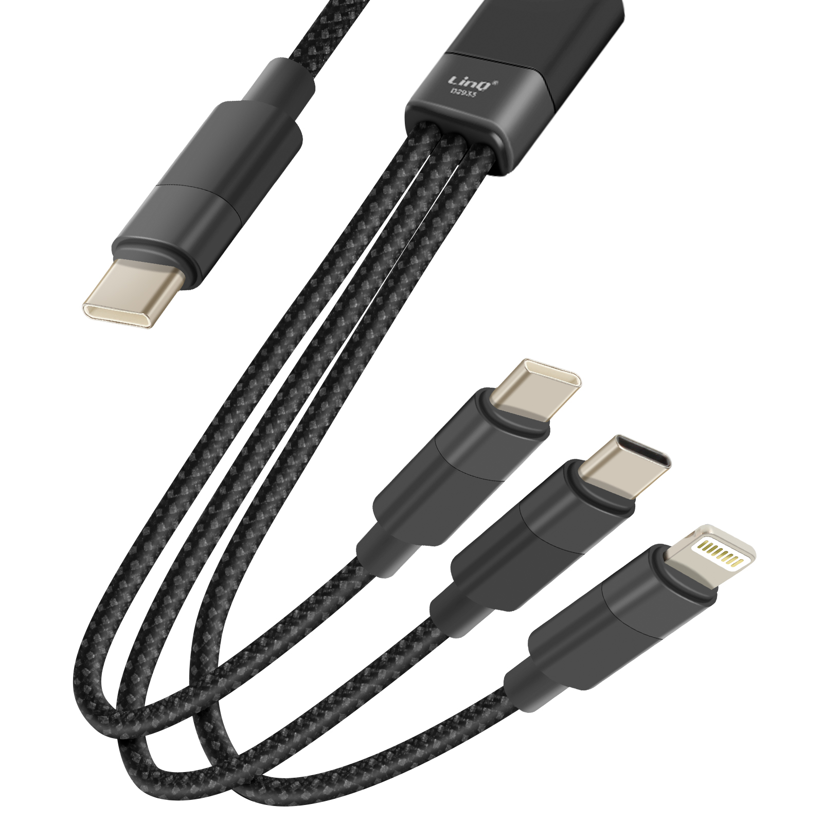 Schwarzes Multi-Port-Ladekabel mit drei geflochtenen Kabeln und verschiedenen Anschlüssen, einschließlich USB-C und Lightning.