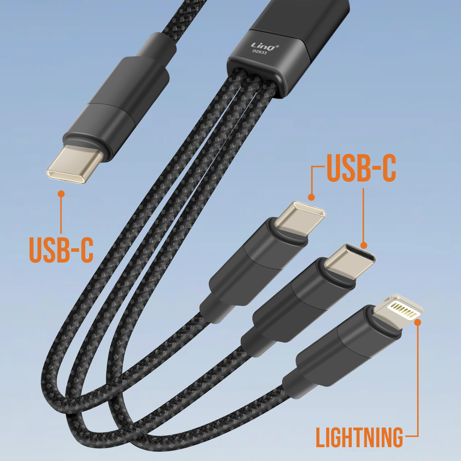 Schwarzes Ladekabel mit USB-C- und Lightning-Anschlüssen. Geflochtenes Kabeldesign vor blauem Hintergrund.