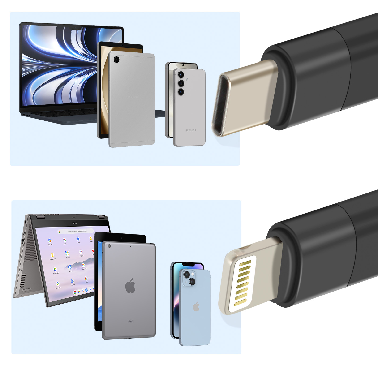 Das Bild zeigt einen Laptop, Tablets und Telefone mit USB-C- und Lightning-Anschlüssen. Geräte vor blauem Hintergrund.