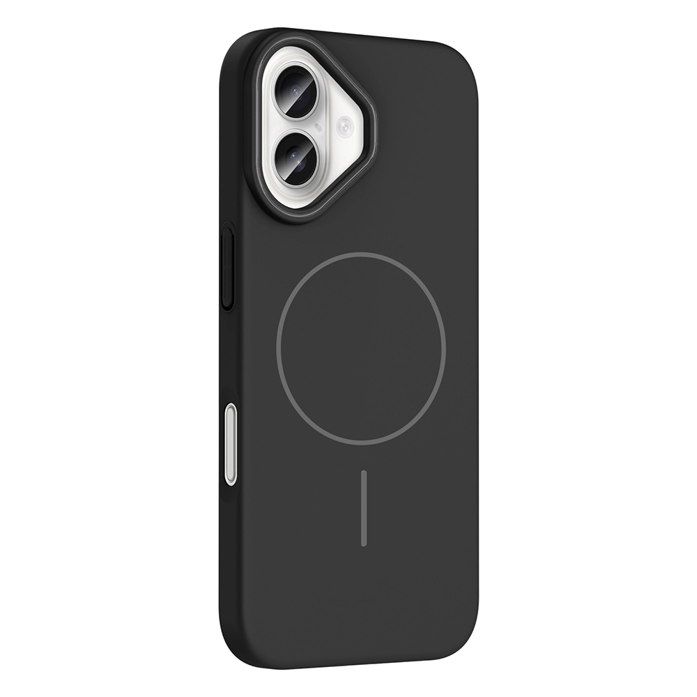 Kamera lenslerine sahip siyah telefon kılıfı, dairesel tasarım ve altta bir çizgi.
