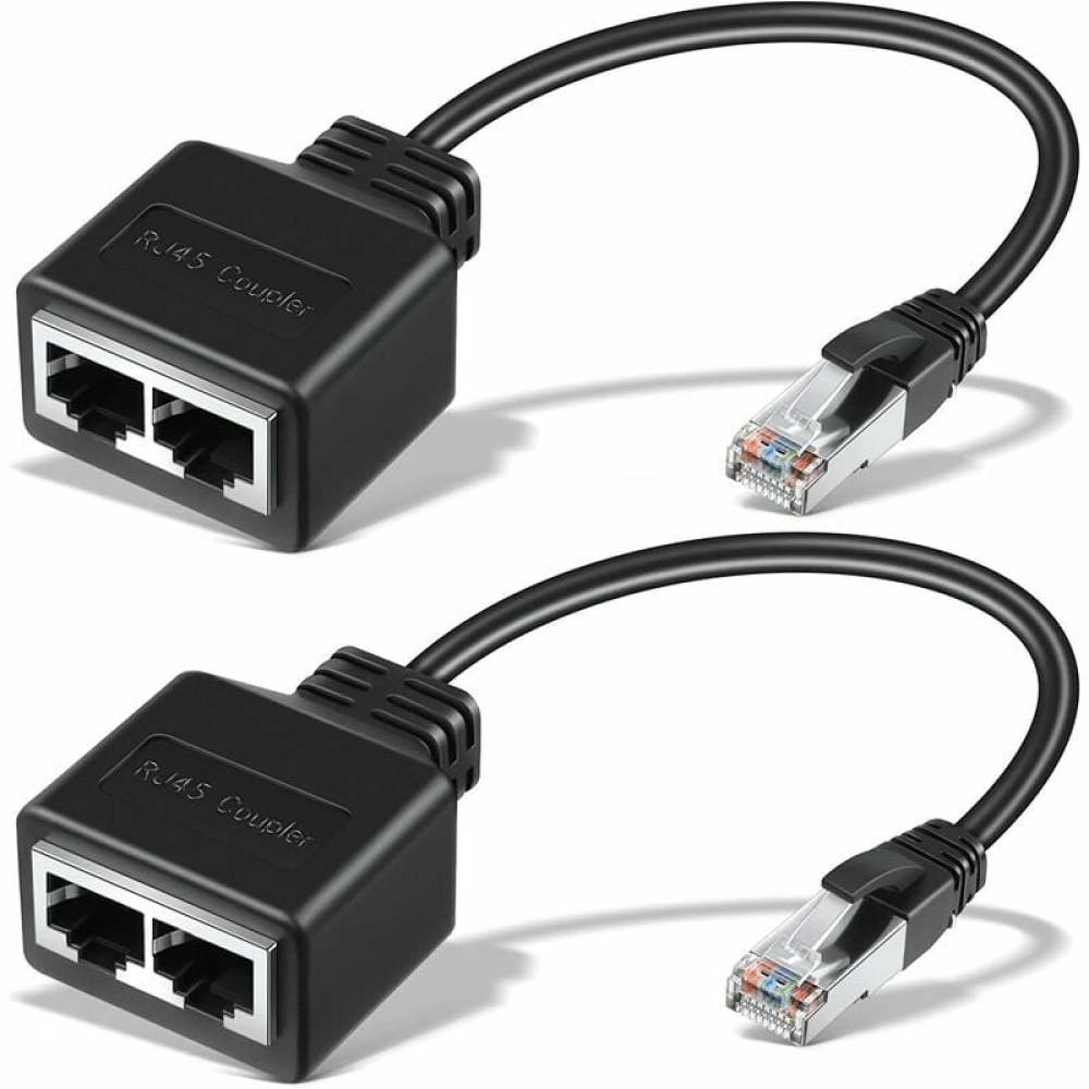 Zwei schwarze RJ45-Kupplungsadapter mit Kabeln. Jeder hat zwei Anschlüsse und verbindet sich mit einem Ethernet-Kabel.