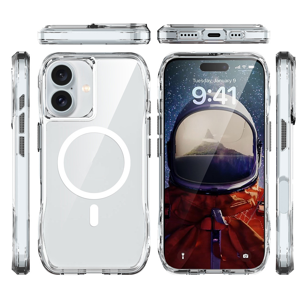 İçinde bir iPhone bulunan şeffaf telefon kılıfı. Telefon bir astronot gösteriyor. Kılıf farklı açılardan gösteriliyor.