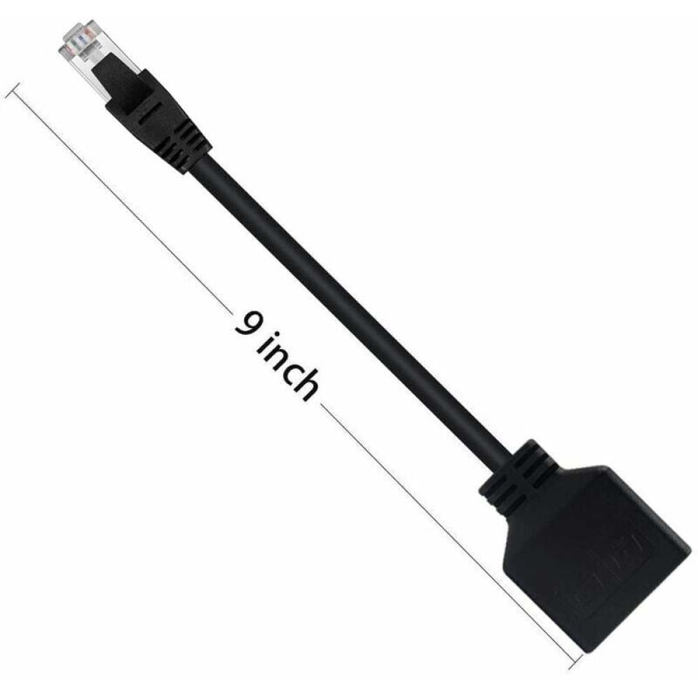Ein schwarzes Ethernet-Kabel. Es ist 9 Zoll lang. Das Kabel hat an jedem Ende einen Stecker.