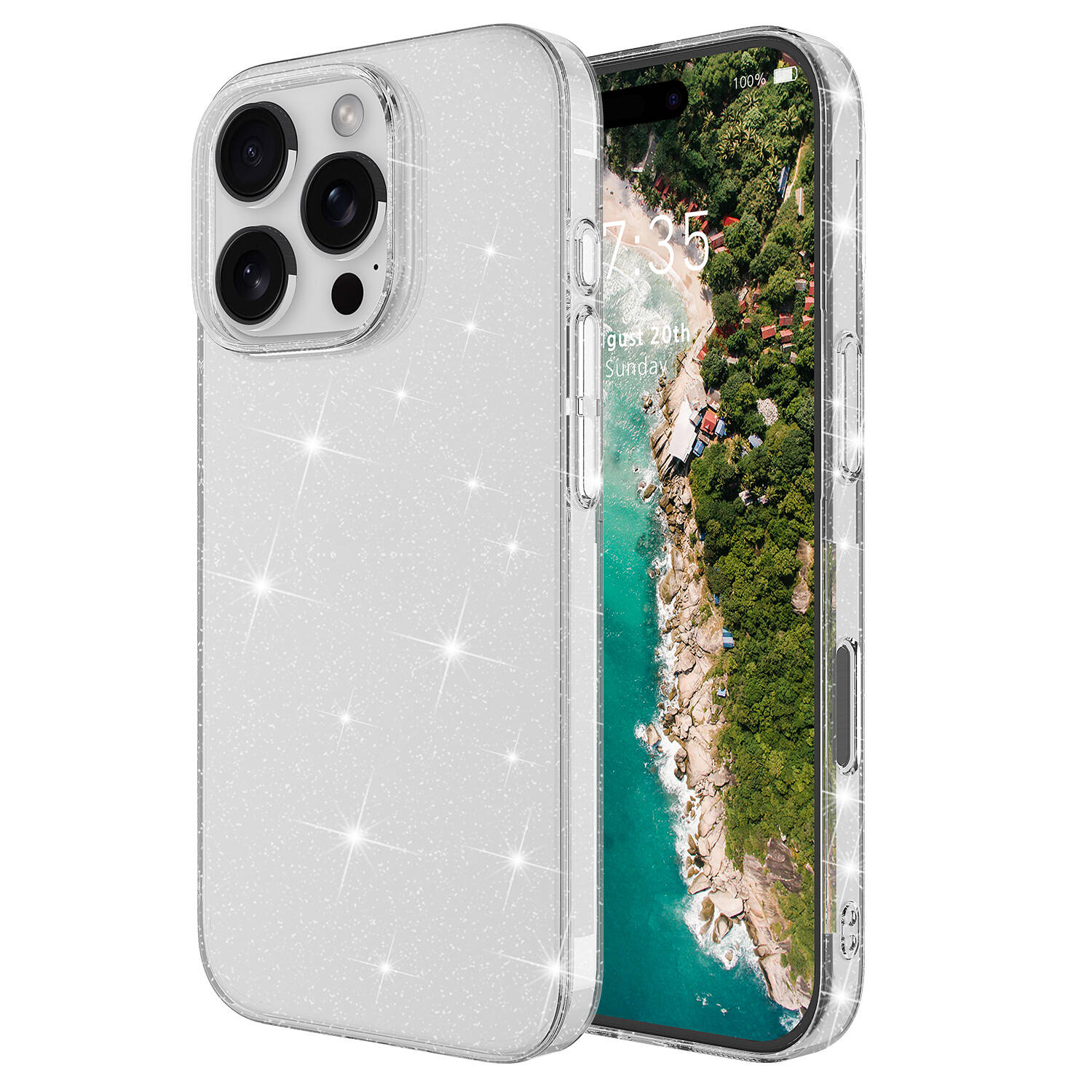 Simli şeffaf bir telefon kılıfı, plaj sahnesi duvar kağıdı olan bir iPhone'u gösteriyor.