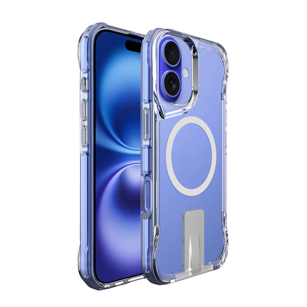 İçinde mavi bir telefon bulunan şeffaf bir telefon kılıfı. Kılıfın kamera ve stand özellikleri vardır. Arka plan beyazdır.