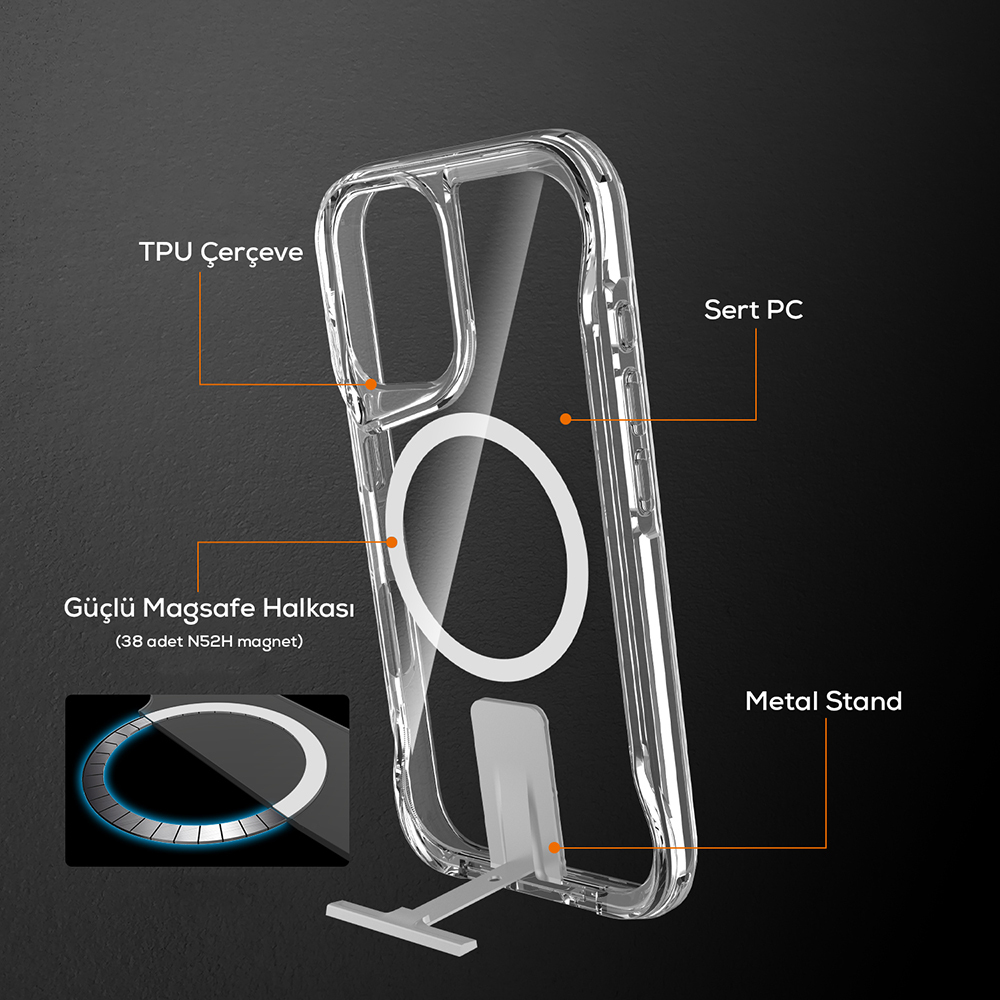 TPU çerçeveli, Sert PC'li ve metal standlı şeffaf bir telefon kılıfı. MagSafe için manyetik bir halka ve küçük bir grafik içerir.