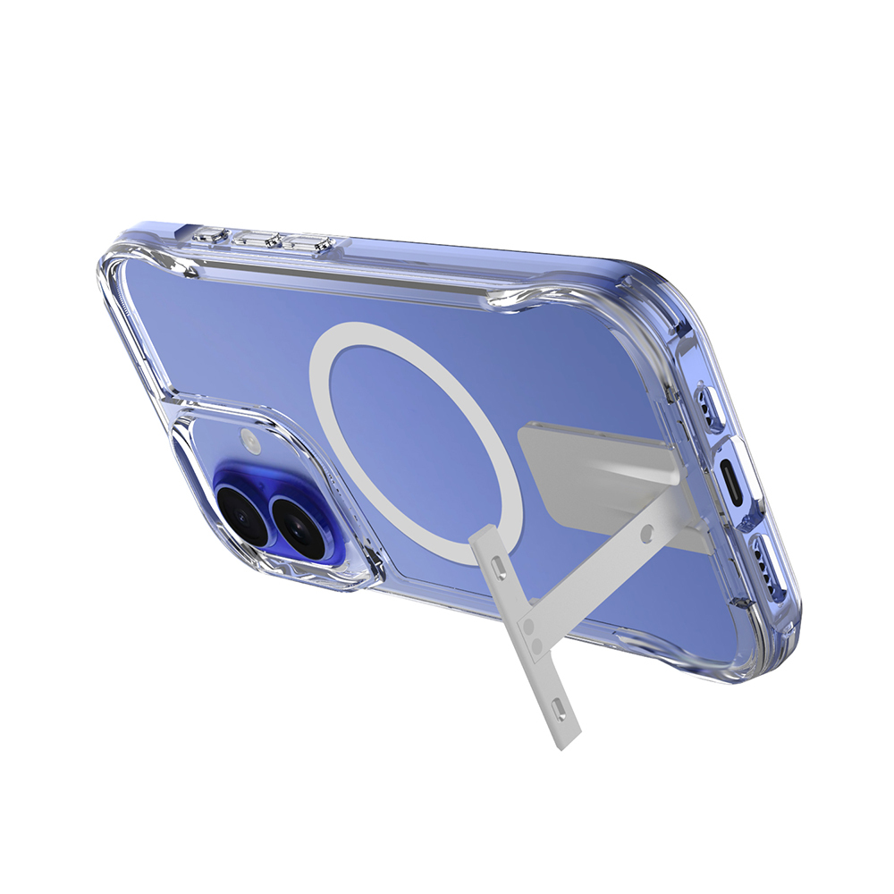 Beyaz standlı şeffaf telefon kılıfı. Kılıfın mavi bir arka planı ve arkasında beyaz bir daire var.