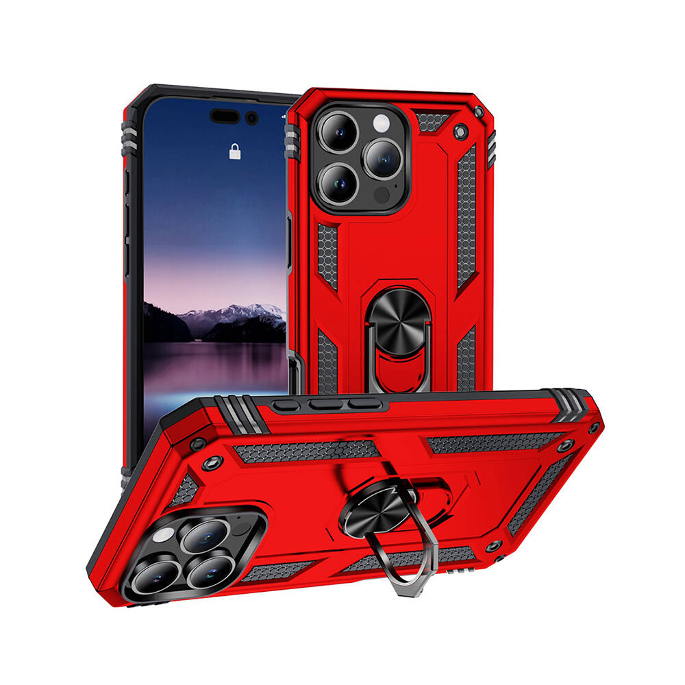 GPACK iPhone 16 Pro Uyumlu Vega Standlı Sert Silikon Telefon Kılıfı Kırmızı