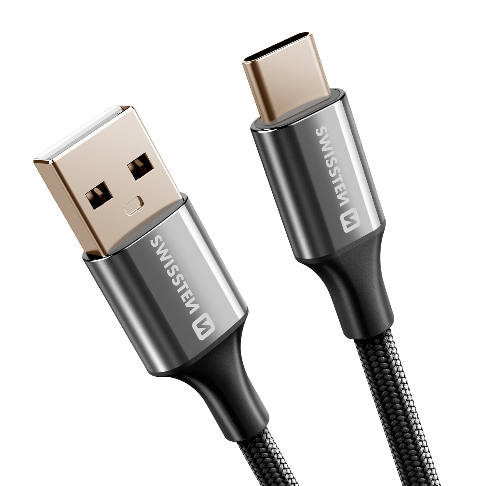Due cavi USB su sfondo bianco. Uno è USB-A, l'altro USB-C. Entrambi hanno il logo Swisssten.