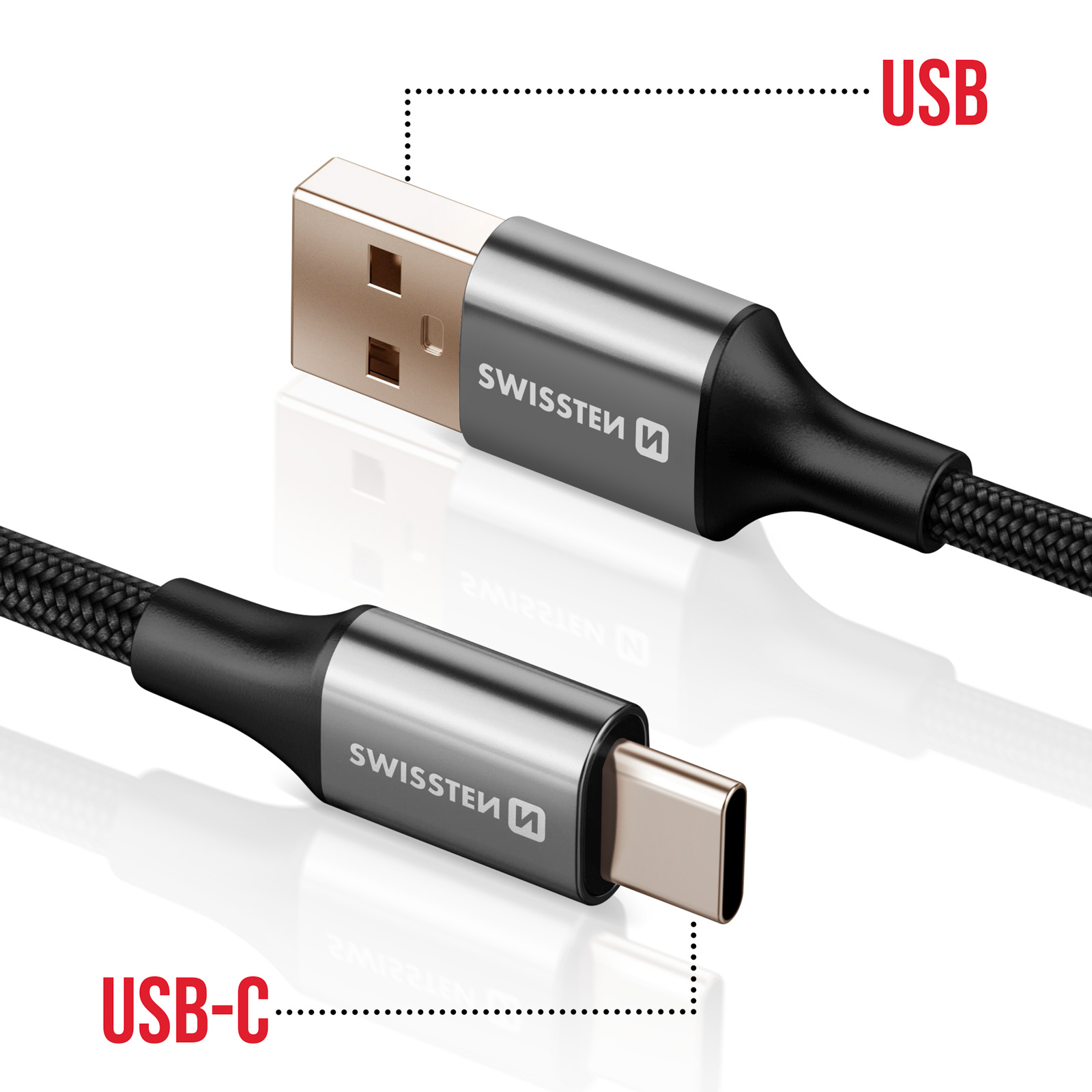 Due cavi USB: USB-A e USB-C. Entrambi hanno connettori argentati con il logo 'SWISSTEN'. Cavo intrecciato nero. Sfondo bianco.