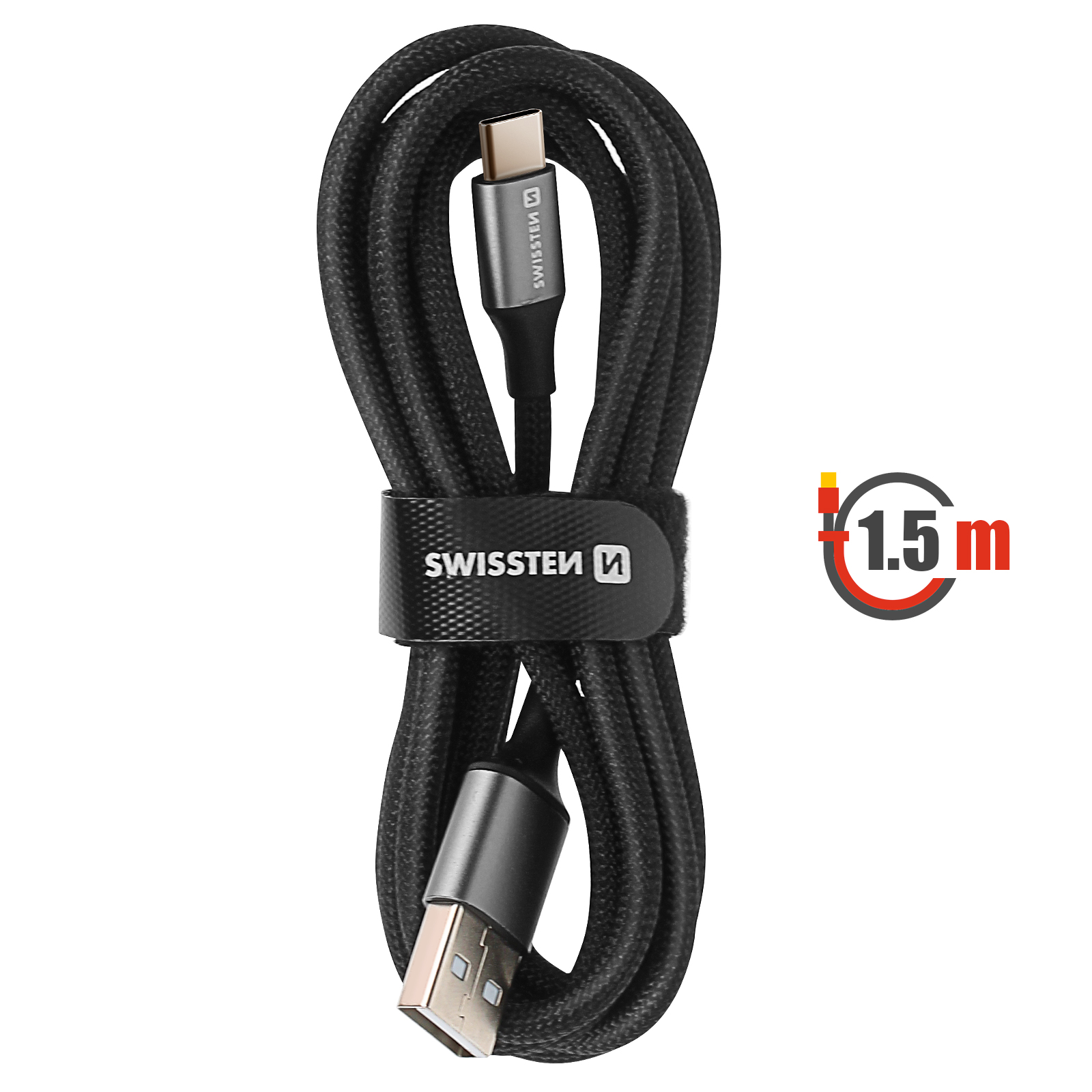 Cavo USB-C nero, arrotolato, con etichetta Swisssten. Indicatore di lunghezza di 1,5 m. Sfondo bianco.