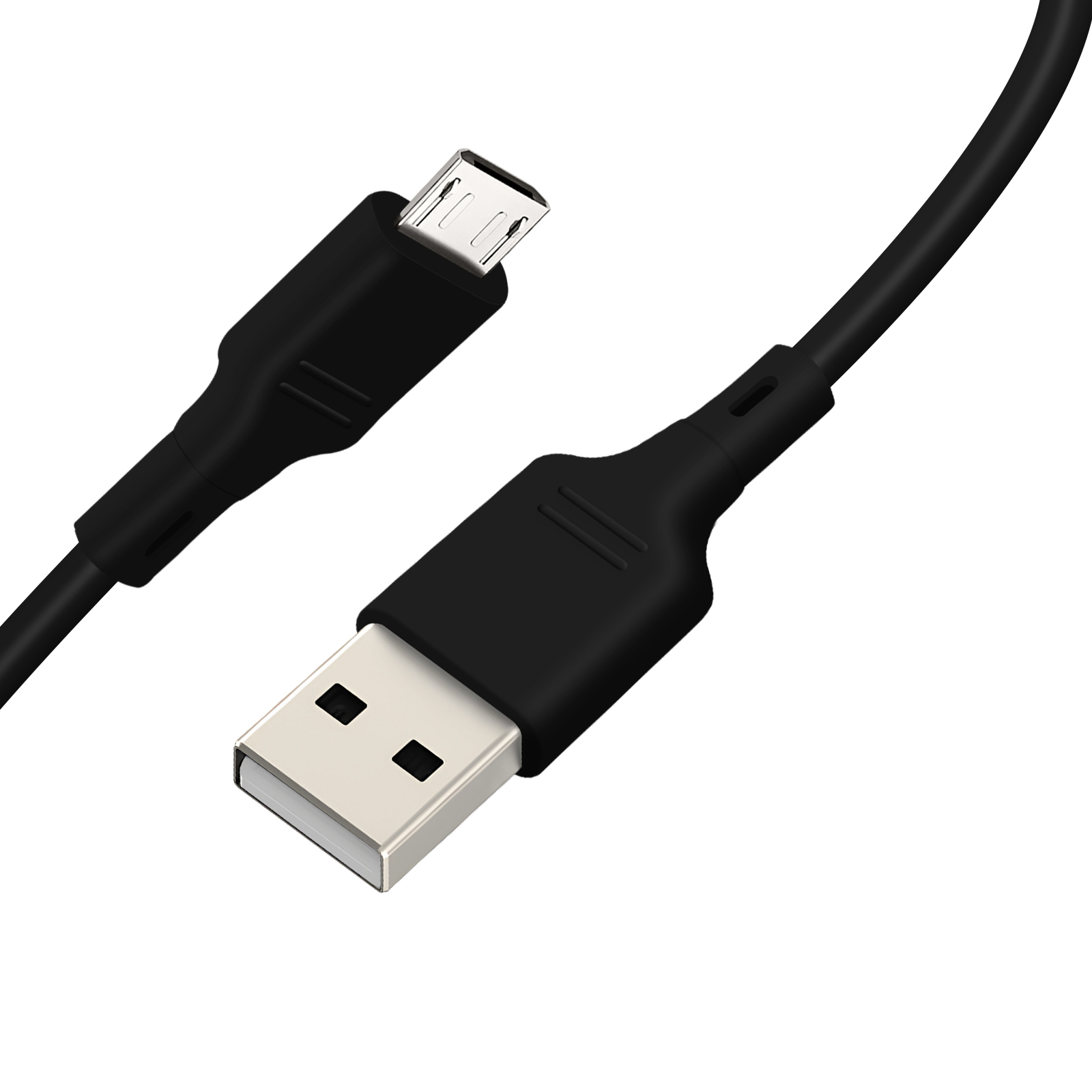 Un cavo USB nero con connettore USB-A e micro-USB. Lo sfondo è bianco.