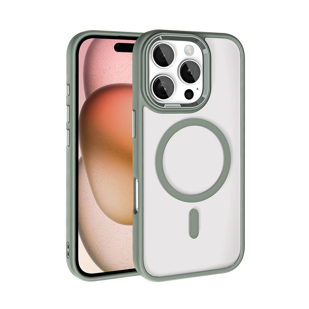 Yeşil ve şeffaf bir kılıf içinde bir iPhone, arkasında dairesel bir tasarım var. Telefonun ekranında şeftali renk geçişi görülüyor.