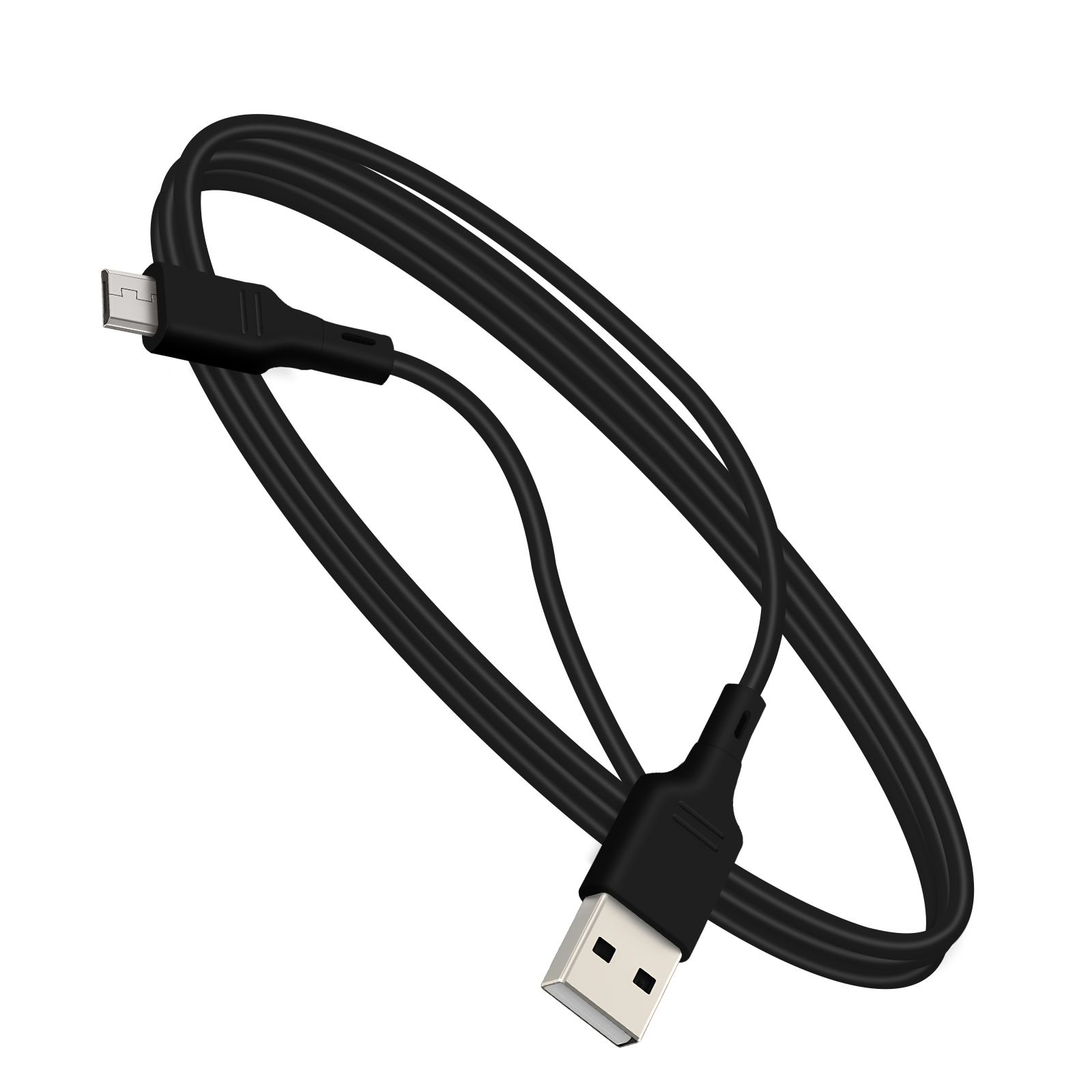 Cavo USB nero con connettore micro-USB e USB su sfondo bianco.