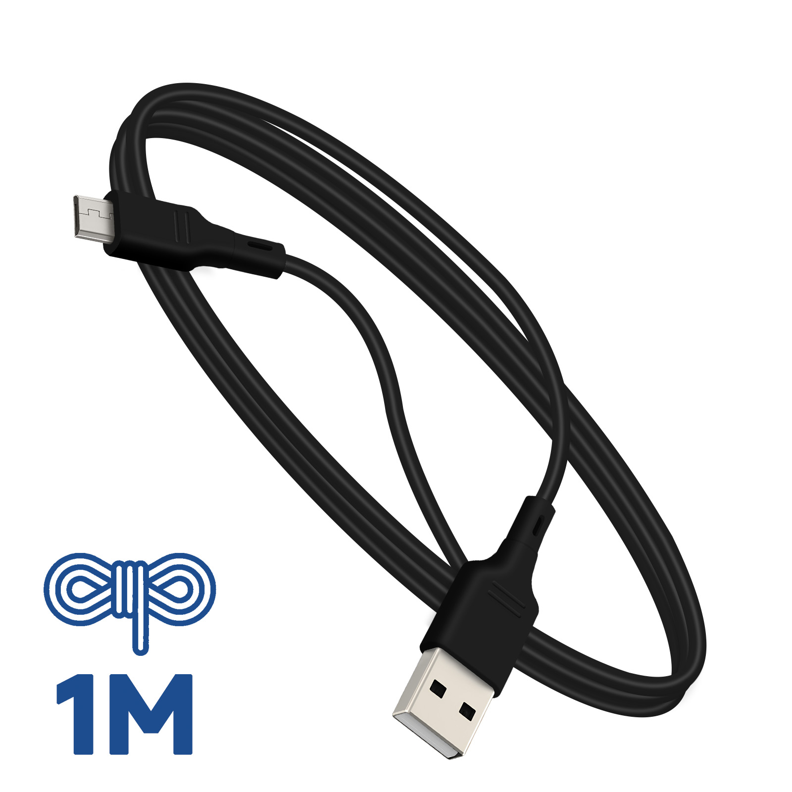 Un cavo USB nero con connettore micro-USB e connettore USB standard. Viene visualizzata un'icona di corda blu e bianca con il testo '1M'.