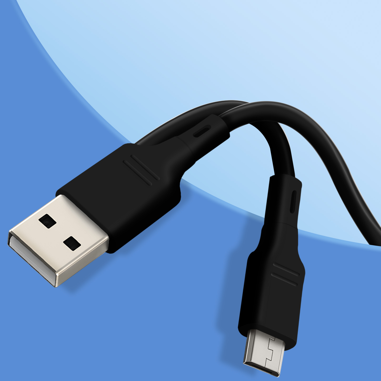 Cavo USB nero con connettori argentati su sfondo blu sfumato. Un'estremità è USB-A, l'altra micro-USB.