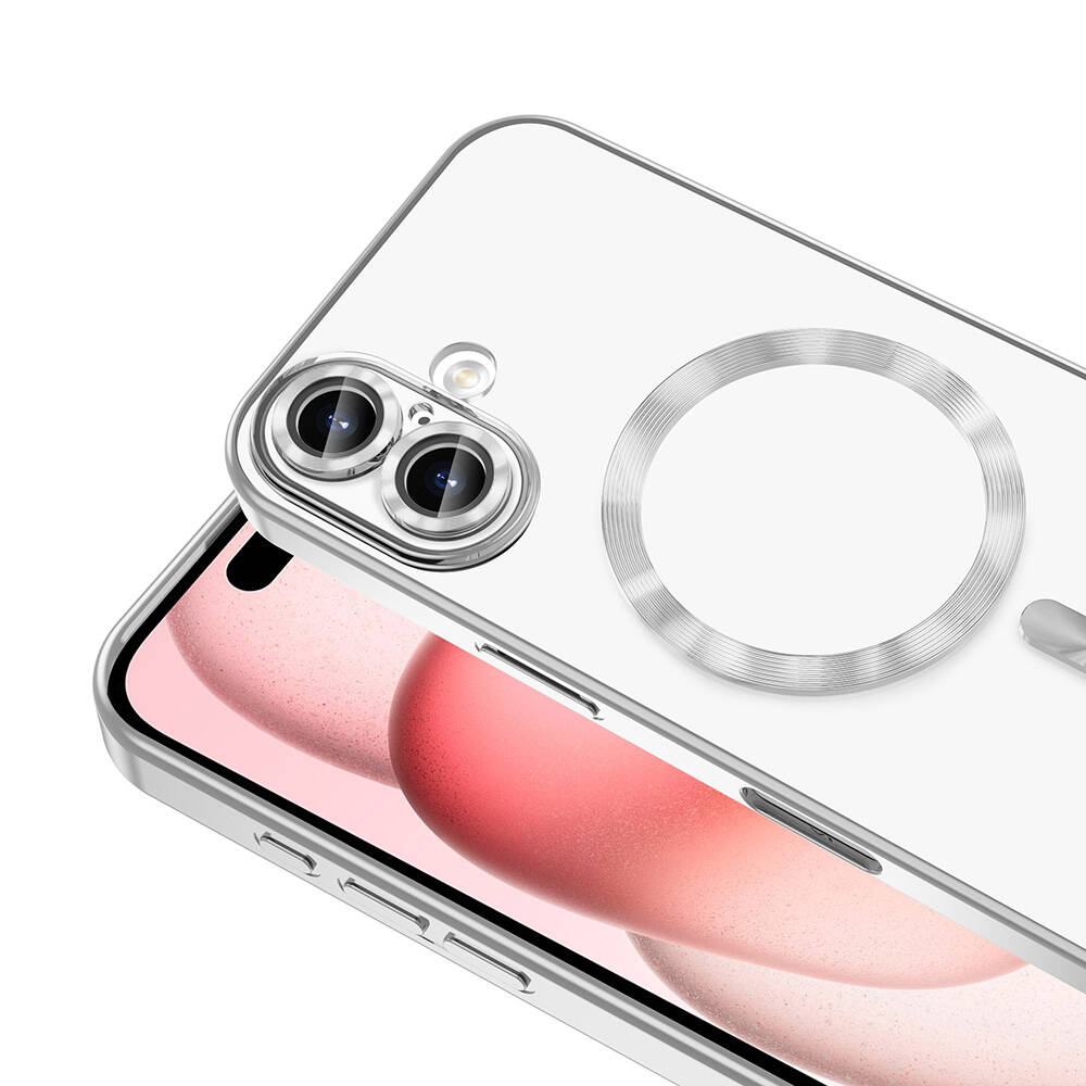 Kameralı ve manyetik halkalı şeffaf telefon kılıfı. Ekran pembe geçiş gösteriyor. Etrafında gümüş çerçeve.