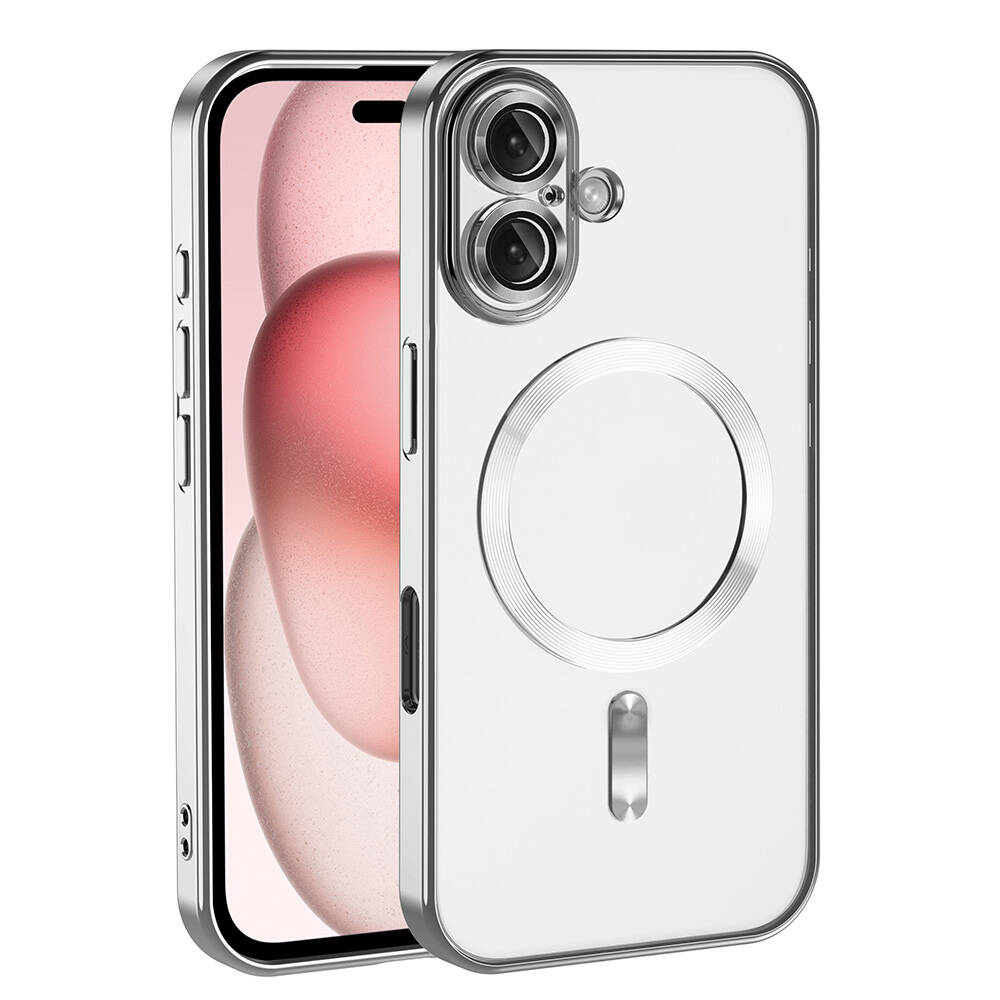 Gümüş kenarlı şeffaf telefon kılıfı. Telefon, pembe ve beyaz gradyan duvar kağıdı gösteriyor. Kamera modülü görünür.