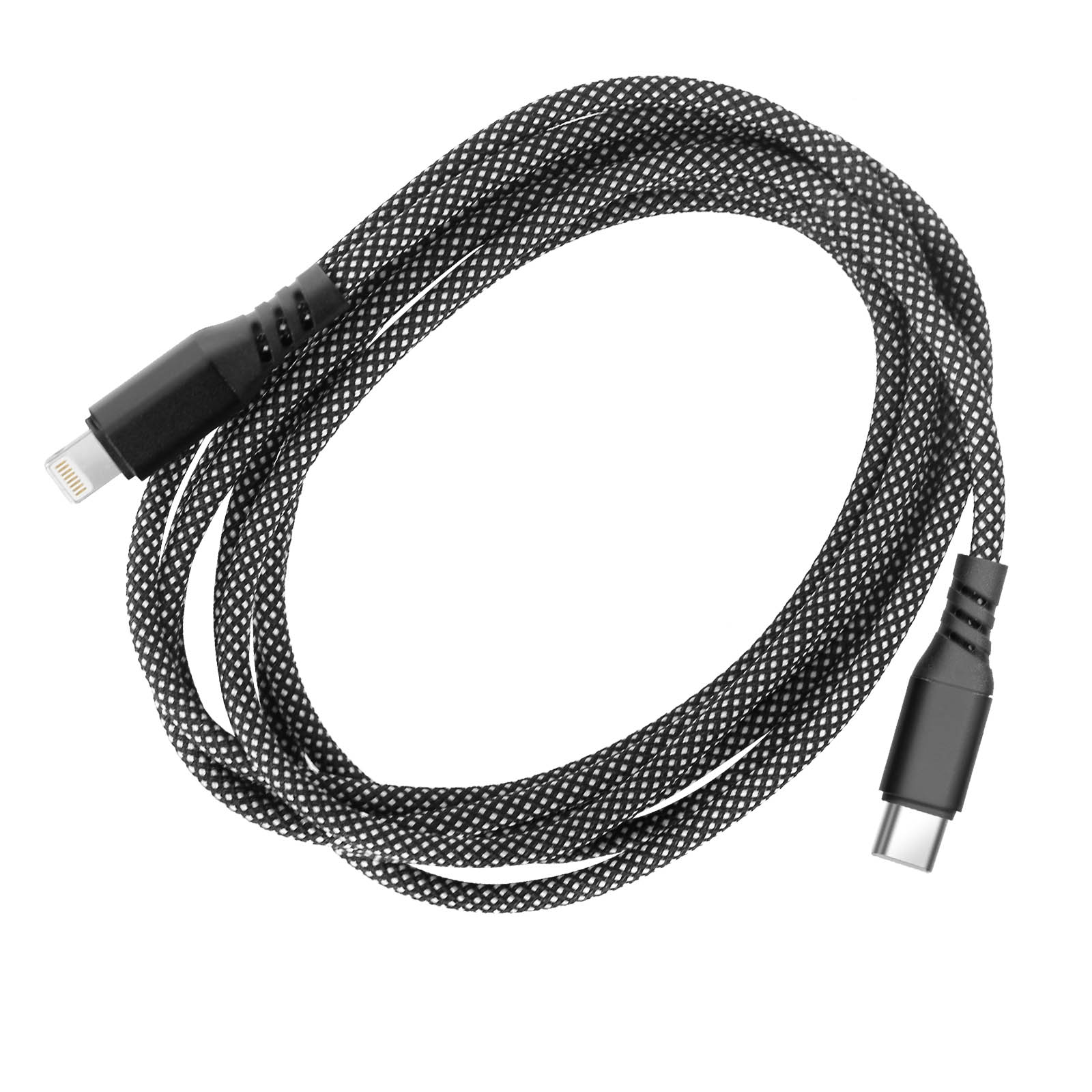 Un câble de charge à motifs noir et blanc avec un connecteur Lightning Apple et un connecteur USB-C.