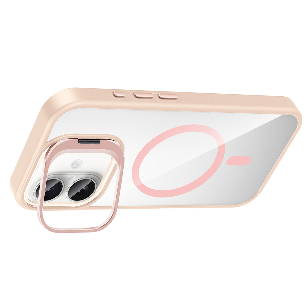 Şeffaf arka, pembe halka ve kamera koruması olan bir telefon kılıfı. Kılıf soluk pembe renktedir.