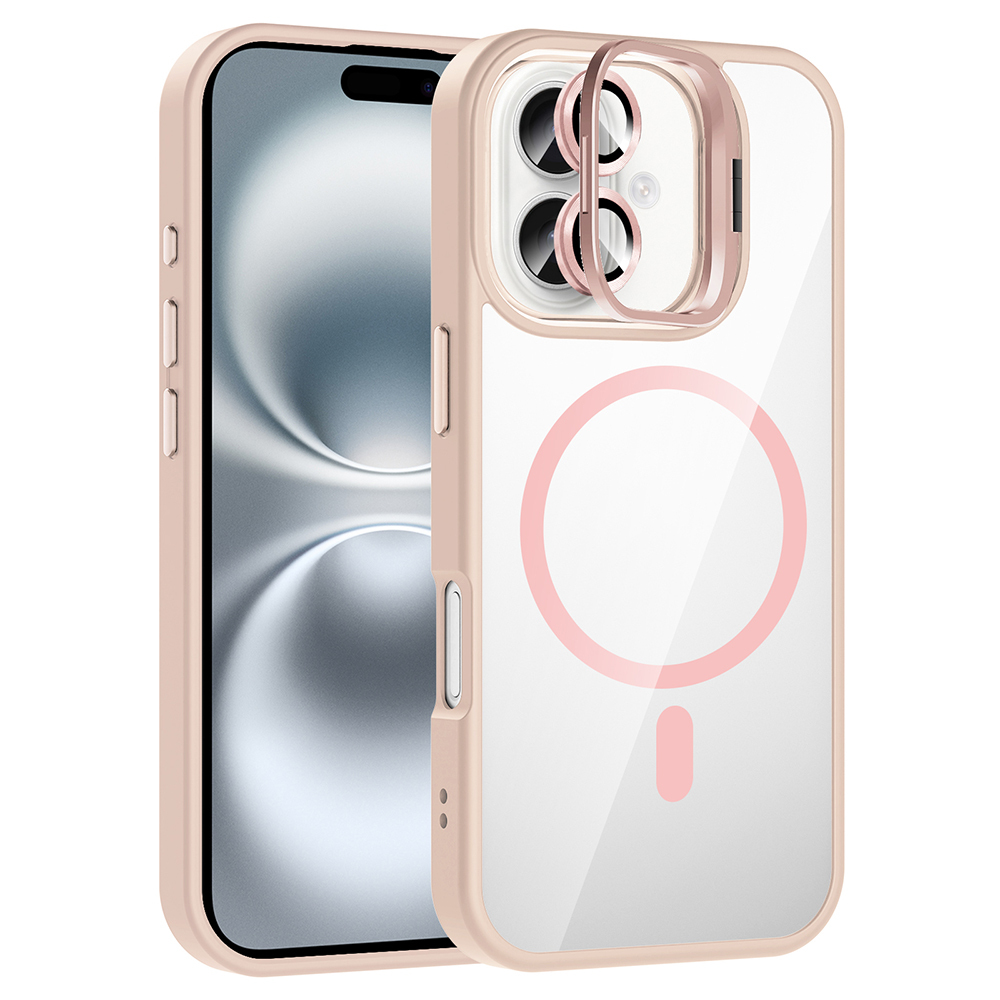 Pembe çerçeveli ve arkasında pembe manyetik şarj çemberi bulunan şeffaf bir telefon kılıfı, beyaz bir arka plan üzerinde.