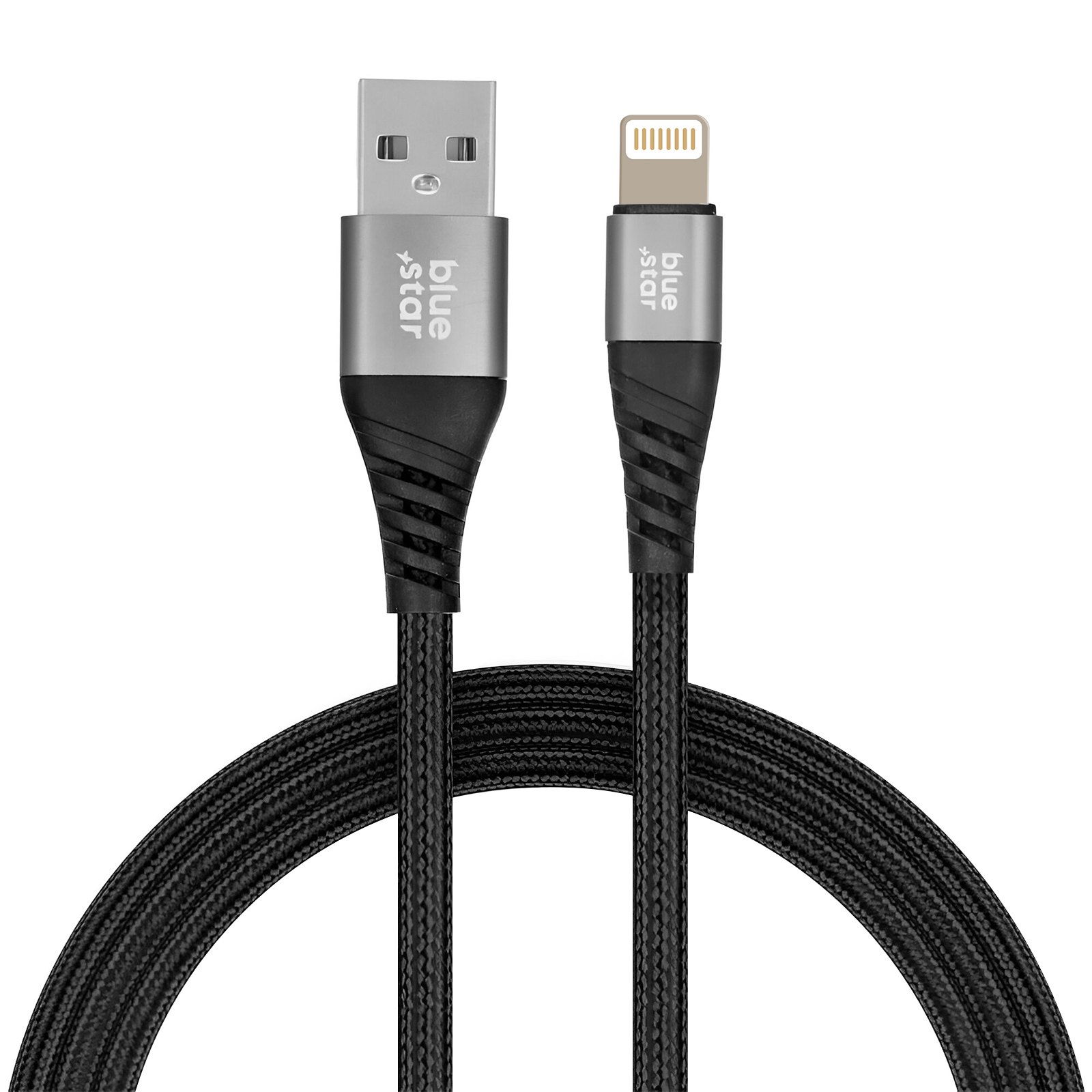 Cavo da USB a Lightning nero, connettori argentati, cavo intrecciato nero. Logo 'blue star' presente.
