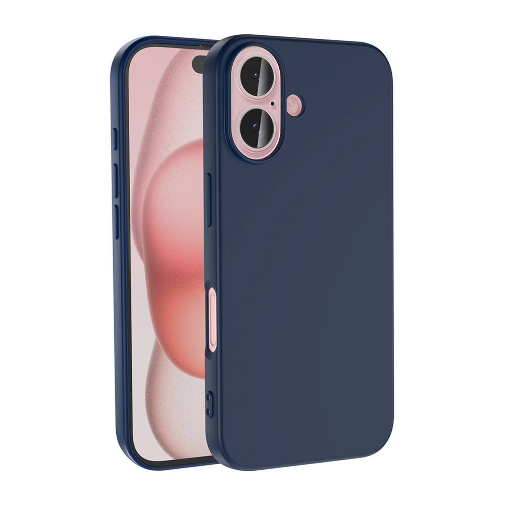 Lacivert bir telefon kılıfı, pembe ekranlı bir telefonun yanında gösteriliyor. Kılıfın kamera boşluğu ve pembe detayları var.