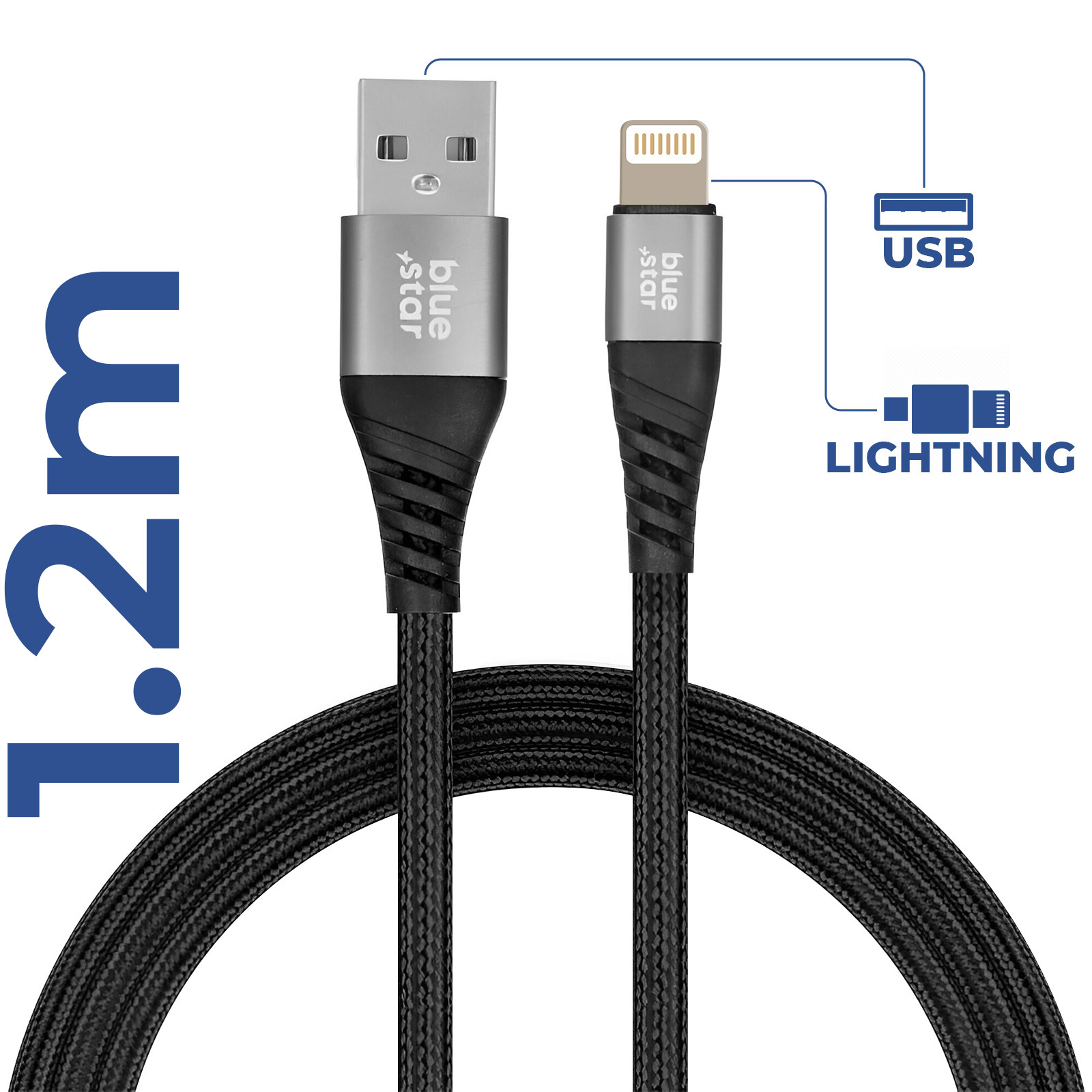 Un cavo da USB a Lightning nero. Il cavo è lungo 1,2 m, con connettori USB e Lightning.