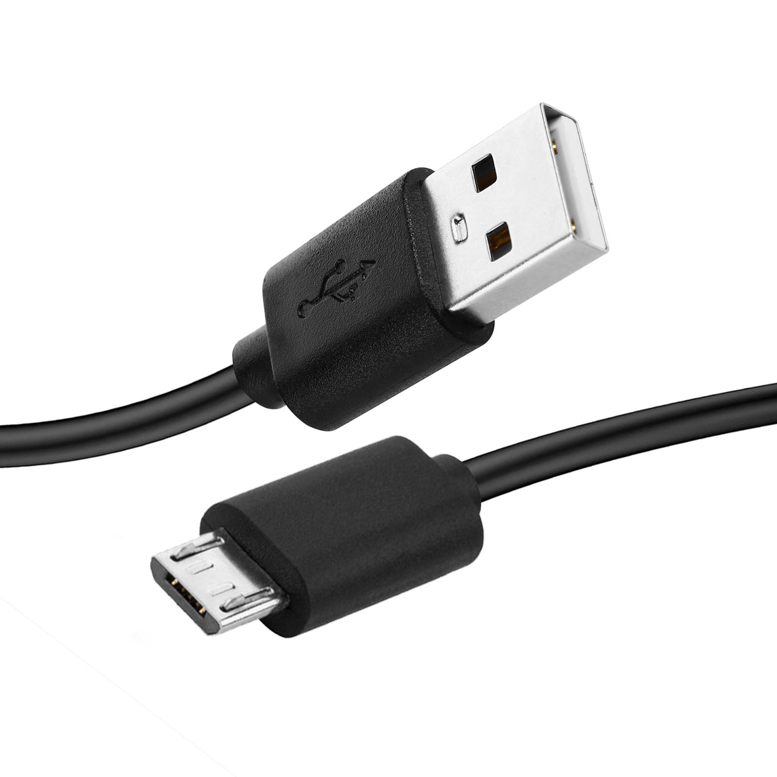 Un cavo USB nero con connettore USB-A e micro-USB su sfondo bianco.