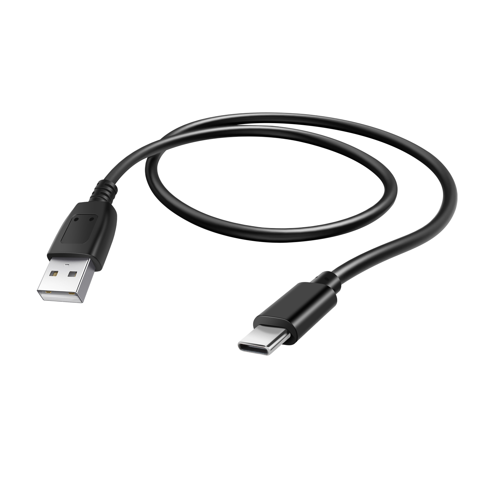 Un cavo nero da USB-A a USB-C su sfondo bianco. Il cavo è curvo e ha un connettore USB-A e USB-C.