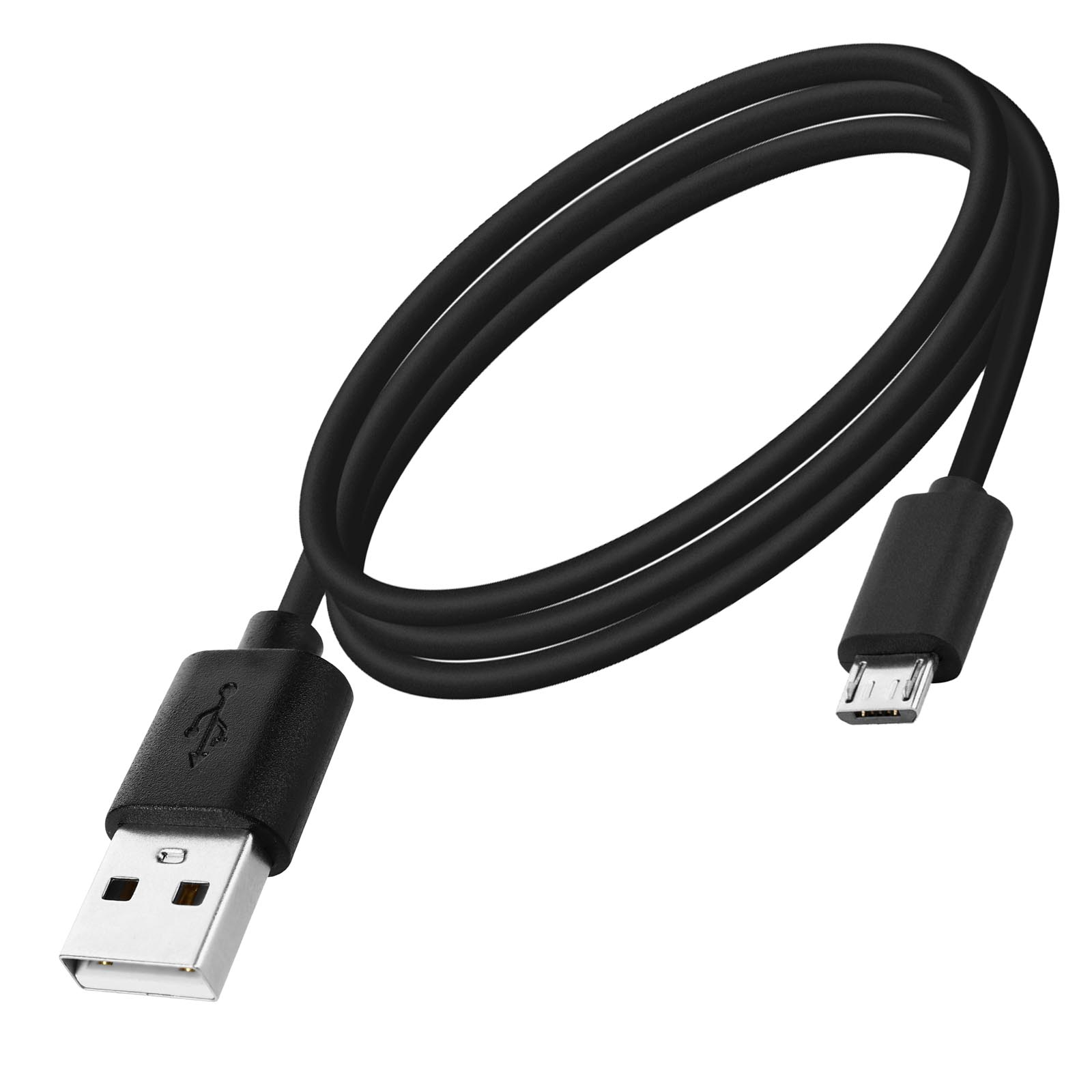 Un cavo USB nero con connettore USB-A e micro-USB su sfondo bianco.