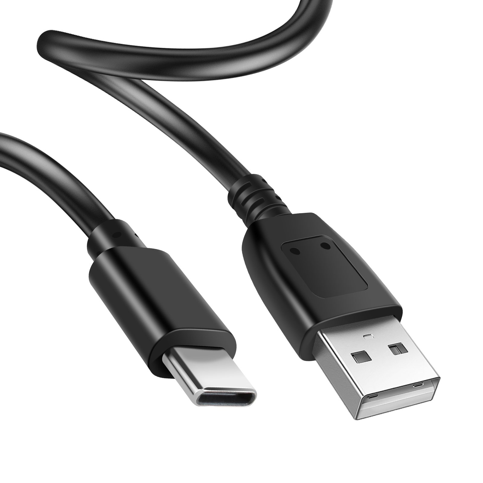 Un cavo USB nero con un connettore USB-A e un connettore USB-C su sfondo bianco. Il cavo è curvo.