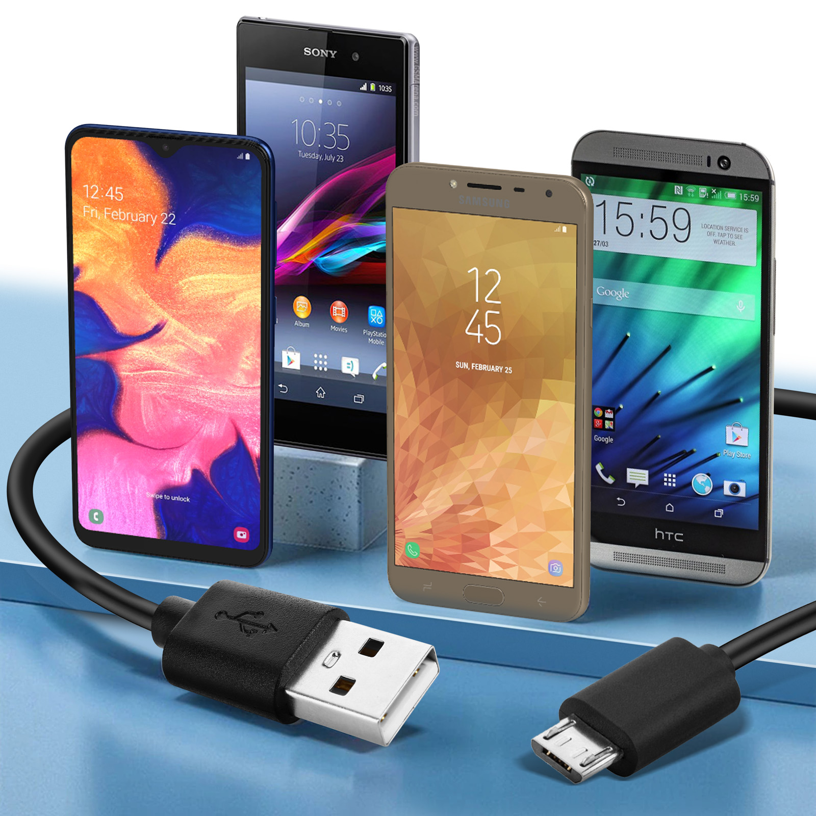 Quattro smartphone con display, date e orari diversi. Cavi USB li collegano. Sfondo blu.