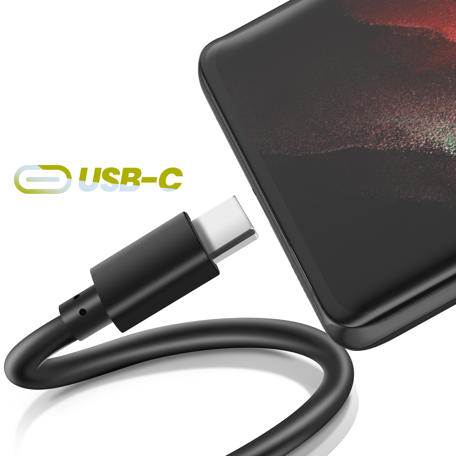 Un cavo USB-C nero si collega a uno smartphone. Il logo USB-C è visibile. Il telefono ha uno schermo scuro. Sfondo bianco.