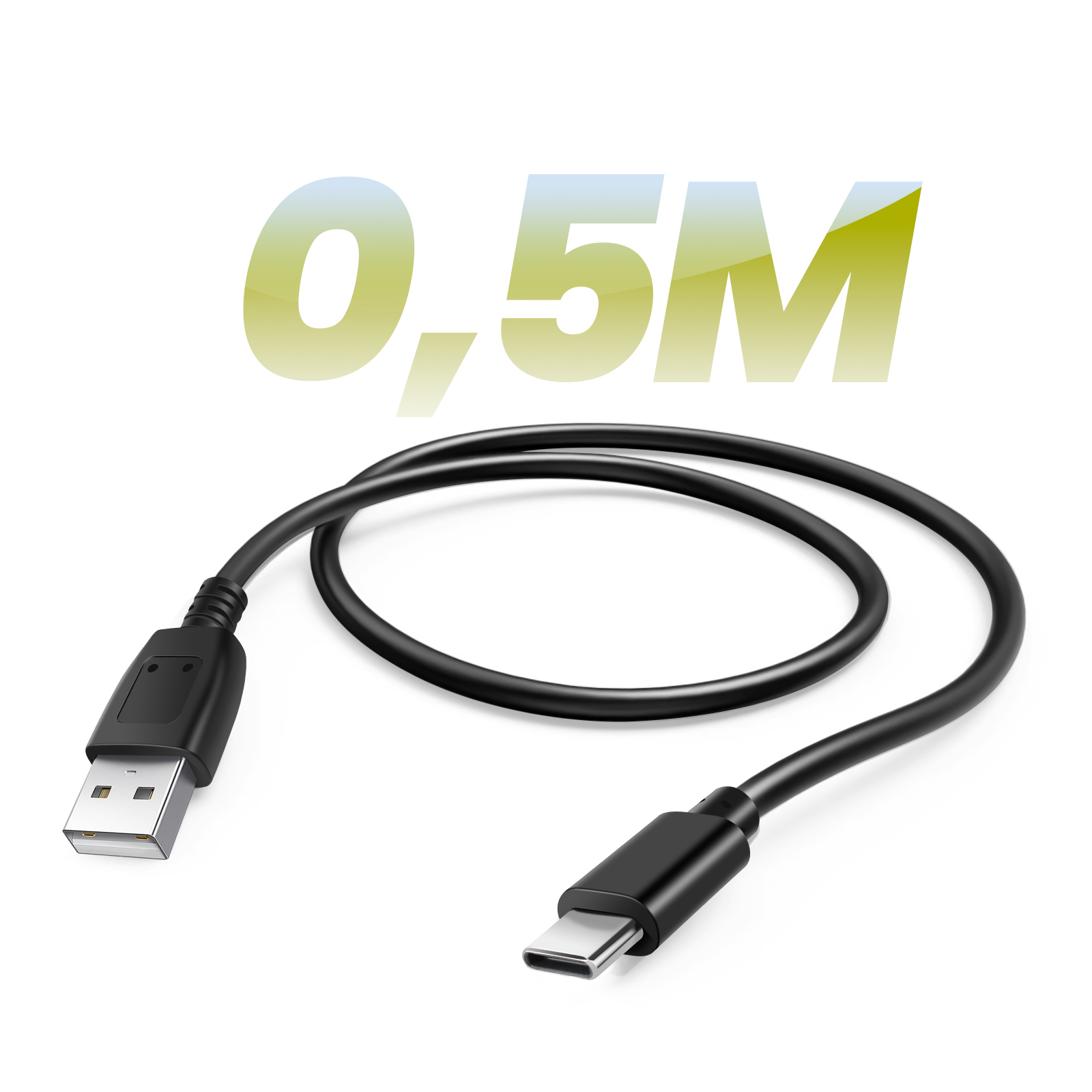 Cavo nero da USB-A a USB-C, arrotolato su sfondo bianco. Il testo "0,5M" è sopra il cavo.
