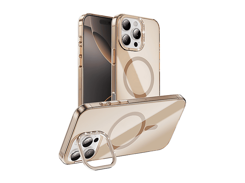 GPACK iPhone 16 Pro Uyumlu Estop M-Safe Şarj Özellikli Kamera Standlı Telefon Kılıfı Gold