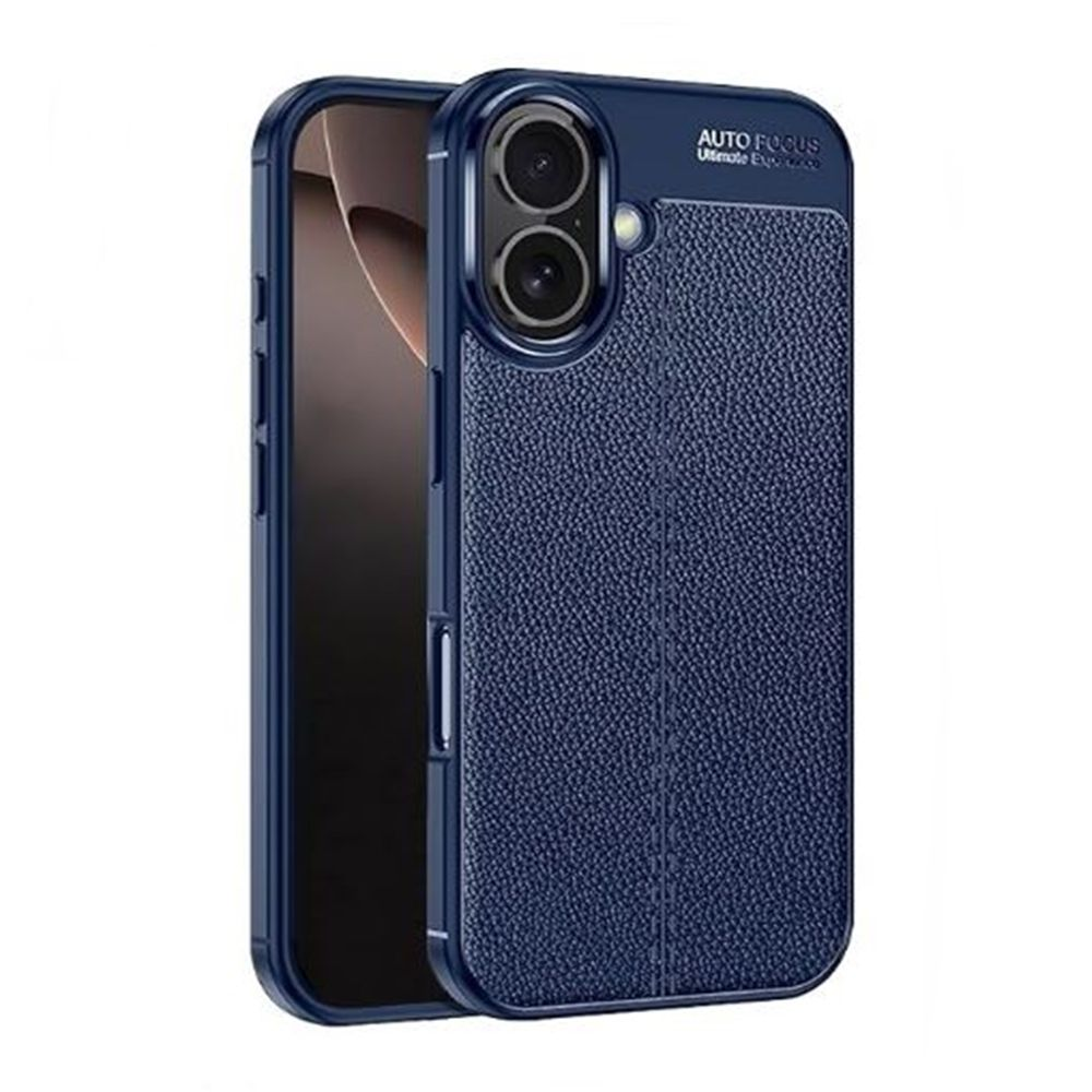 Dokulu arka yüzeye, çift kamera lensine ve 'AUTO FOCUS' yazısına sahip mavi bir telefon kılıfı.