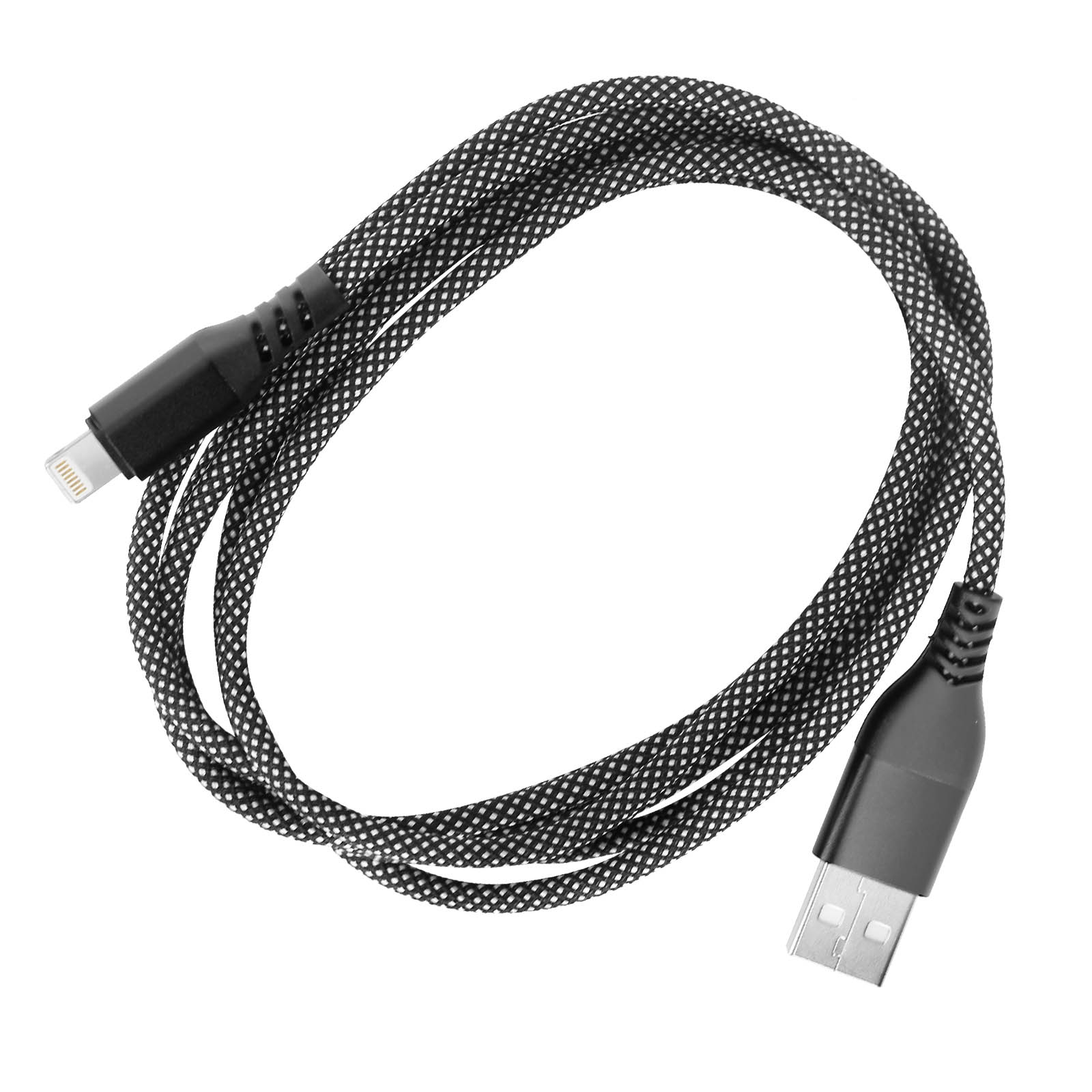 Un câble USB noir et blanc avec un connecteur Lightning. Il est sur fond blanc.