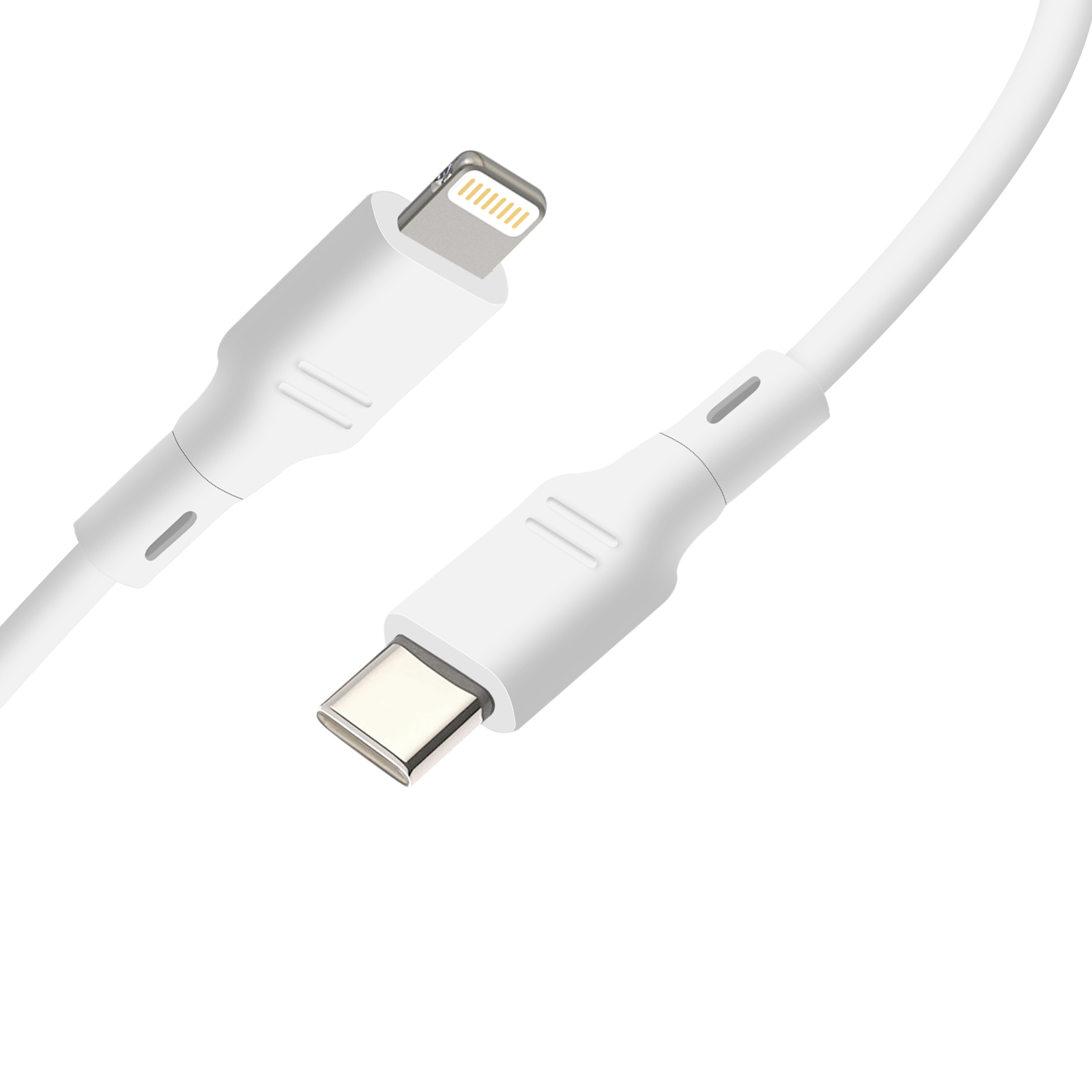 Cavo di ricarica bianco con connettori Lightning e USB-C. Isolato su sfondo bianco.