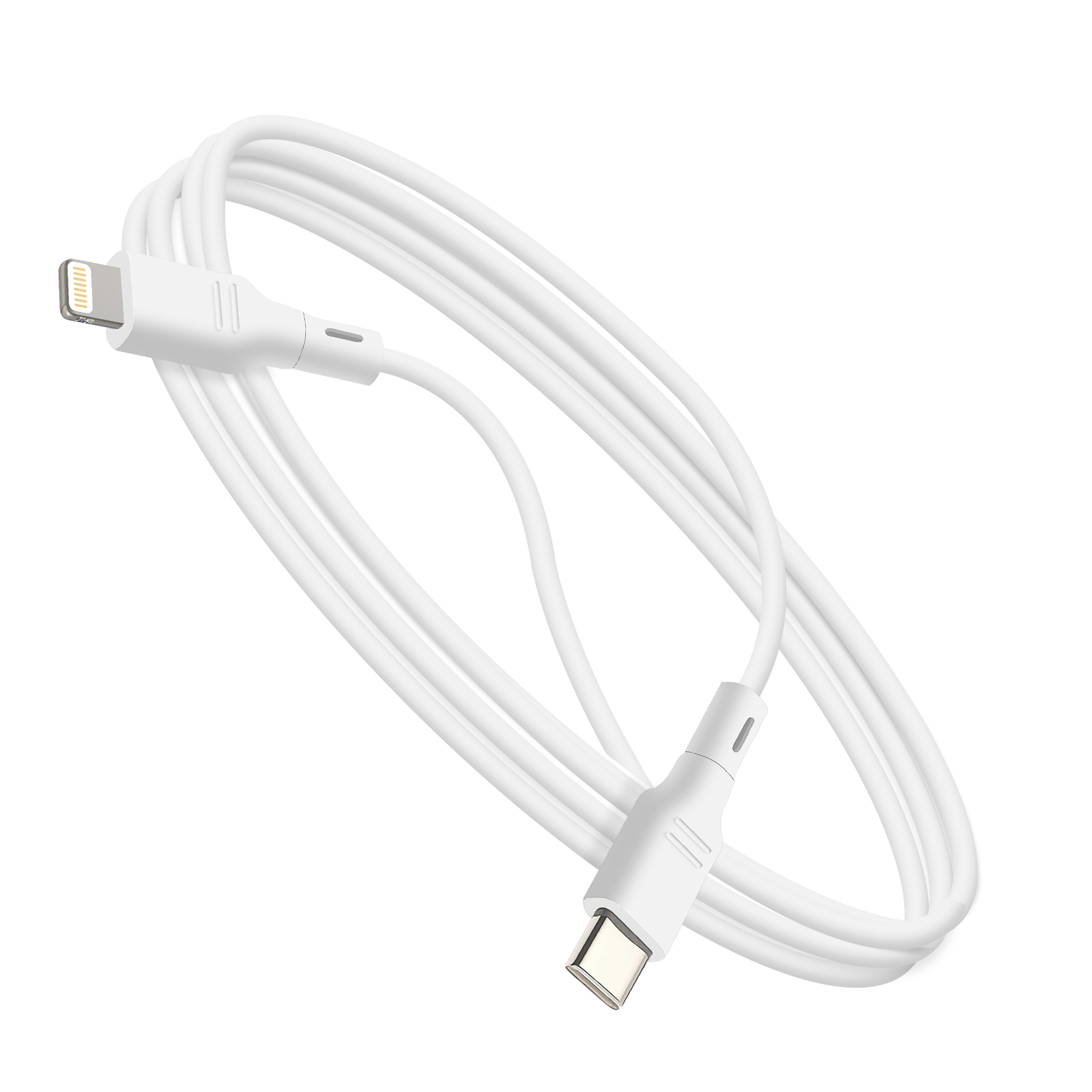 Cavo di ricarica bianco con connettori Lightning e USB-C. Il cavo è arrotolato su sfondo bianco.