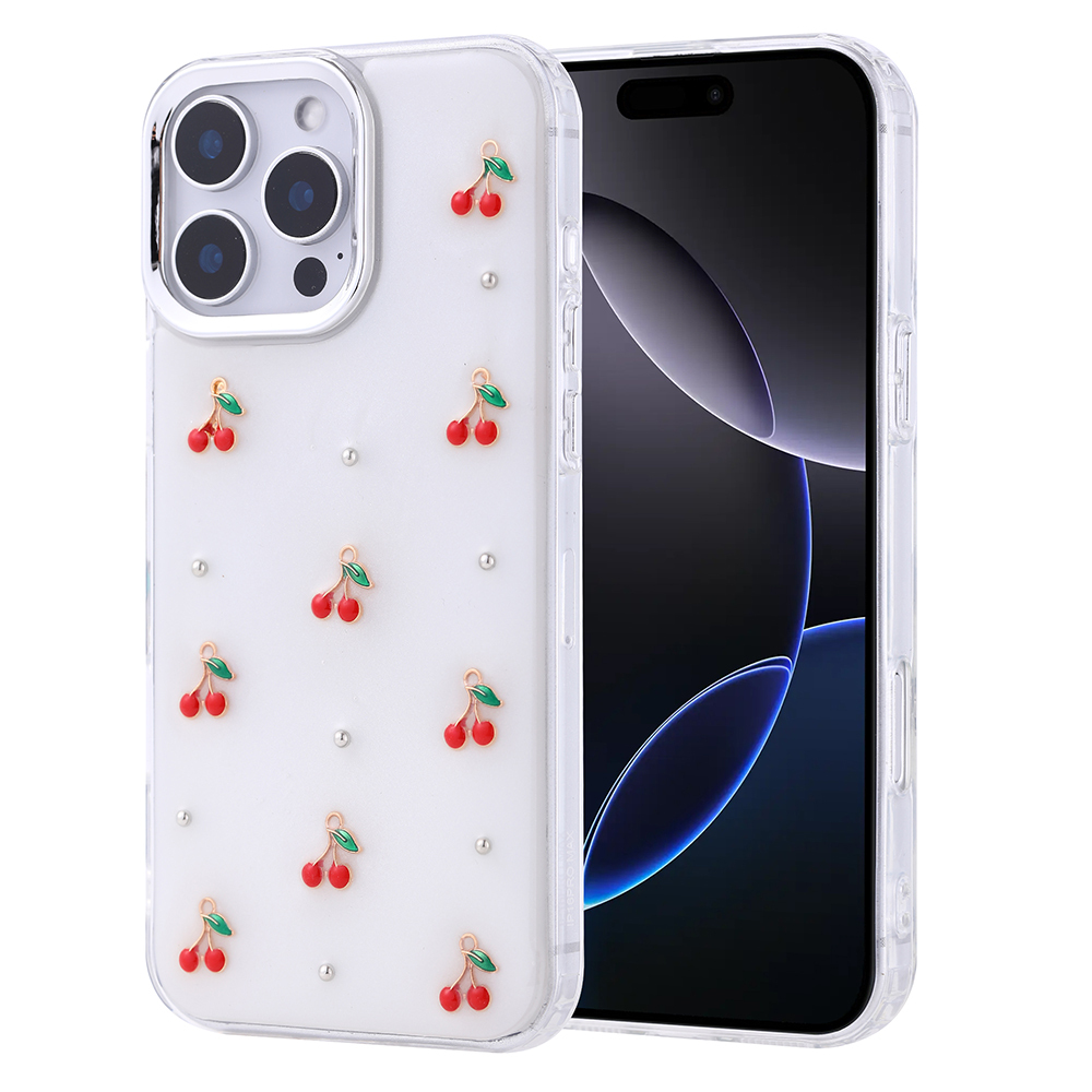 Kiraz ve inci desenli şeffaf telefon kılıfı. İçinde siyah bir telefon var.